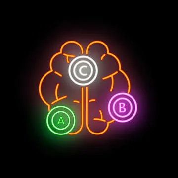 Neon brain processing information with multiple choice options Stock Illustration
