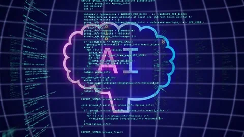 Neon brain pulsing as chat-bubbles entering, code streaming intensifying, Stock Footage 334337746