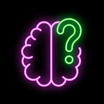 Neon brain with question mark shining on black background Stock Illustration