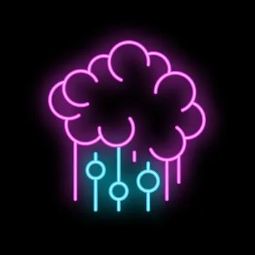 Neon brain raining data cloud computing concept icon Stock Illustration