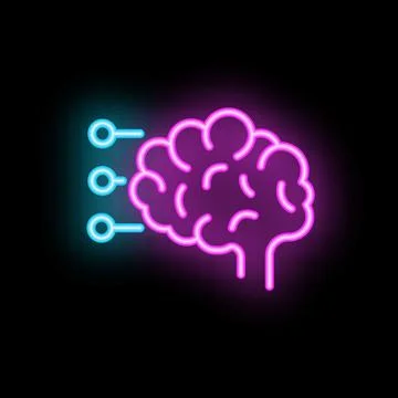 Neon brain receiving data through connections on black background Stock Illustration