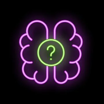 Neon brain showing question mark on black background Stock Illustration