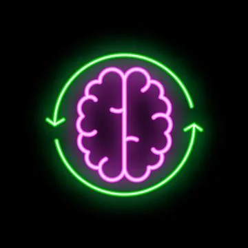 Neon brain surrounded by circular arrows representing brainstorming and ide.. Stock Illustration