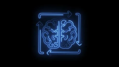 Neon brain surrounded by rotating arrows on black background for ai and Stock Footage 322961830