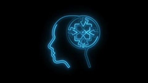 Neon brain symbol with arrows inside representing incoming thoughts and ide.. Stock Footage 308605700