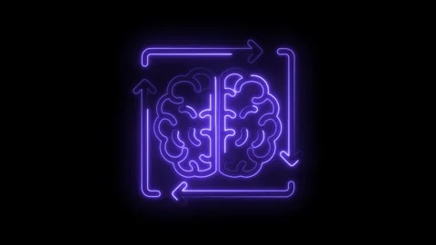 Neon brain symbol with arrows rotating around creative thought and problem Stock Footage 322961831
