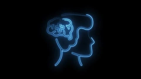 Neon brain symbol human profile with medical cross concept on dark background Stock Footage 345996025