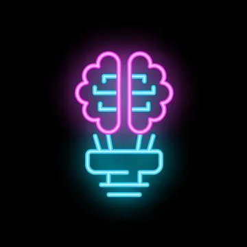 Neon brain transforming into a light bulb symbolizing ideas and innovation Ilustración de archivo