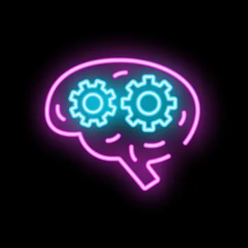 Neon brain working with two cogwheels inside on black background Stock Illustration