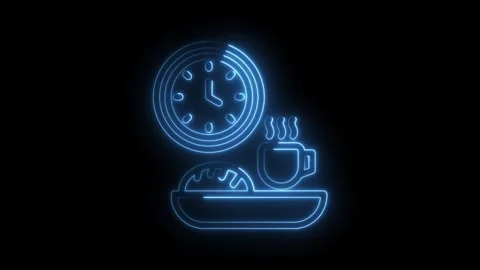 Neon breakfast animation showing clock pastry and steaming coffee on dark Stock Footage 330785479