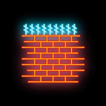Neon brick wall with barbed wire glowing on black background Stock Illustration