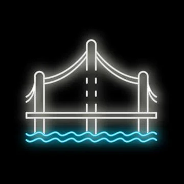 Neon bridge spanning river at night glowing bright white and blue Illustrazione stock