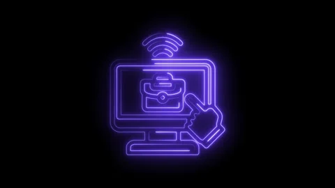 Neon briefcase icon on computer screen with wifi signal and finger tap Stock Footage 333970049