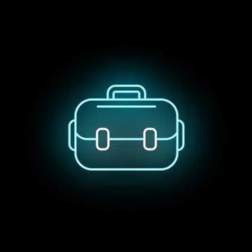 Neon briefcase icon glowing blue on black background 스톡 일러스트