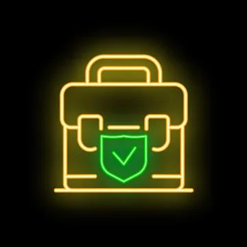 Neon briefcase with shield and check mark on black background Stock Illustration