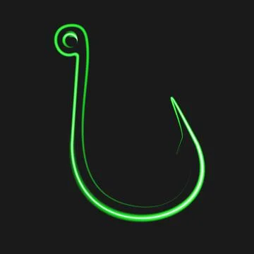Neon bright fishhook on black background. Glowing electric sign. Vector Stock Illustration