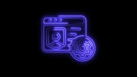 Neon browser window with user profile and gear icon glows on black background Stock Footage 312316915