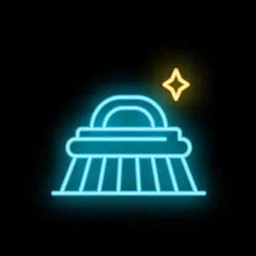 Neon brush shining on black background symbolizing cleaning service Stock Illustration