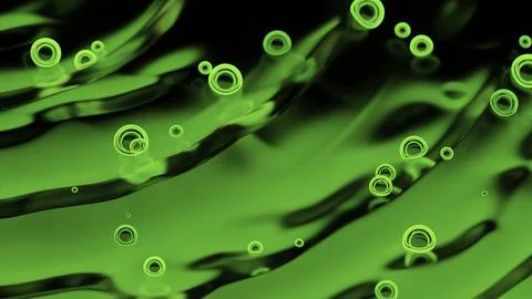 Neon bubbles are moving floating on liquid. Design. Moving bubbles on surface of Illustrazione stock