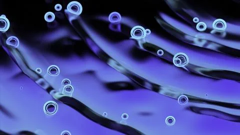 Neon bubbles move on surface of liquid. Design. Bright neon bubbles move on Illustrazione stock