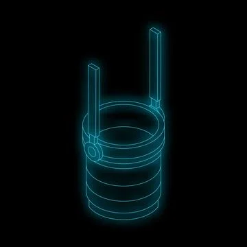 Neon bucket hanging from crane hook glowing on black background Stock Illustration