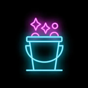 Neon bucket shining with bubbles and stars on black background Illustrazione stock