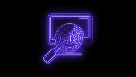 Neon bug icon on computer screen with magnifying glass searching for malwar.. Stock Footage 346825776