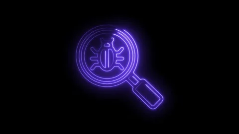 Neon bug icon under magnifying glass searching for errors cybersecurity digital Stock Footage 333972826