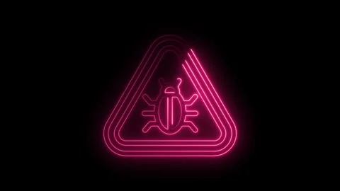 Neon bug virus warning sign on black background computer security alert Stock Footage 330785230