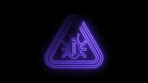 Neon bug warning sign on black background,cybersecurity or virus detection Stock Footage 330785220