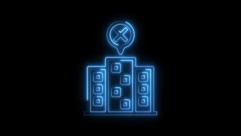 Neon building icon with error notification animation on black background Stock Footage 322972434