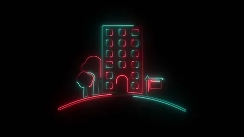Neon building icon with tree and sign on black background Vídeos de archivo 344794454