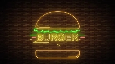 Neon burger sign glowing on brick wall background with animated light effec.. Stock Footage 334394755