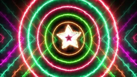 Neon Burning Star Energy Loop Animation with Pulsing Circles and Electric Li 库存影片 333069581