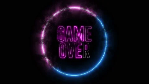 Neon, burning text of "GAME OVER" inside neon, led swirling round and fire. Stock Footage 147103354