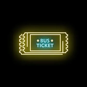 Neon bus ticket glowing on dark background Stock Illustration