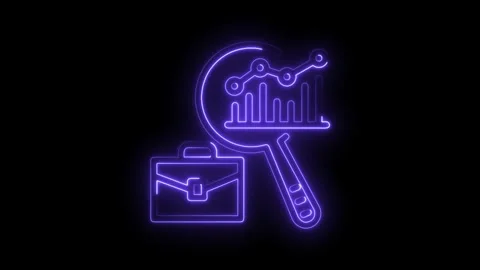 Neon business data analysis with a magnifying glass and briefcase on black Stock Footage 322963826