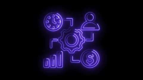 Neon business process automation workflow icons animation on black background Stock Footage 330783673