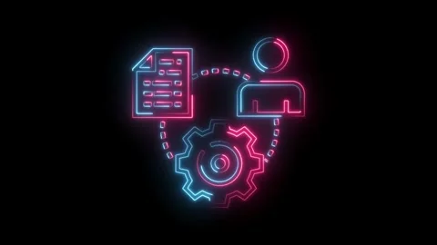 Neon business workflow animation with document person and gear on a black Stock Footage 322989748