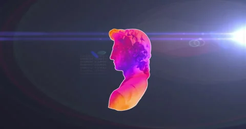 Neon bust appearing in void, rotating while code flickering and lens flare Stock Footage 315748108