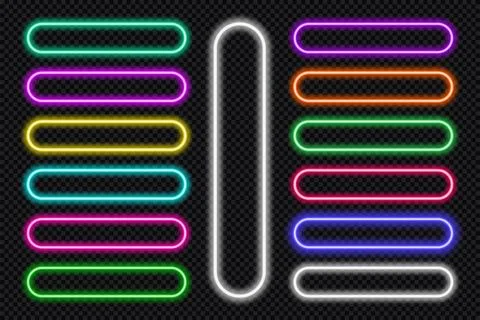 Neon button frames pill set. Glowing coloful rounded rectangle border. Geometric Stock Illustration