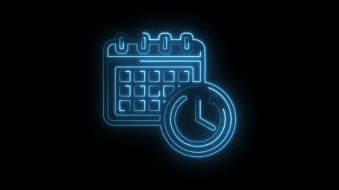 Neon calendar and clock outline animation on black background with smooth g.. Stock Footage 346008379