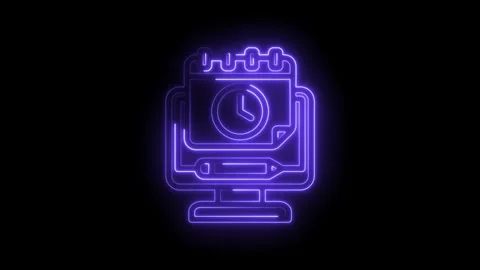 Neon Calendar Clock Icon on Computer Screen Digital Planning Time Management Stock Footage 333966412