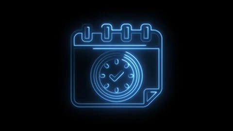 Neon calendar icon with clock and check mark outlined on black background a.. Stock Footage 346008828