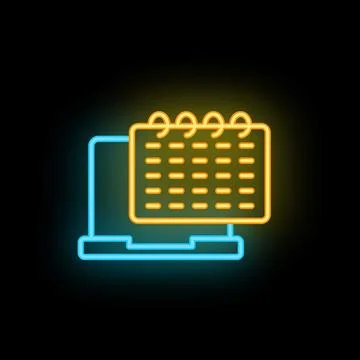 Neon calendar icon hovering over laptop computer on black background Stock Illustration