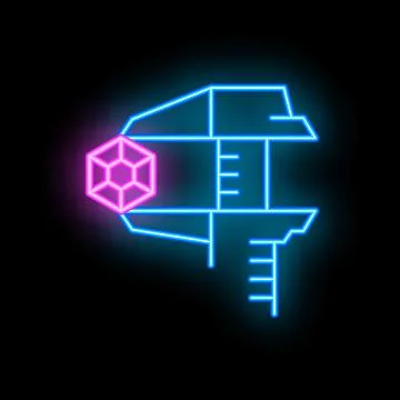Neon caliper measuring a geometric shape on black background Stockillustratie