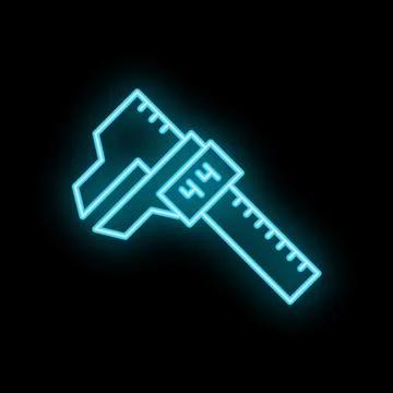 Neon caliper measuring tool icon glowing against a black background Stock Illustration