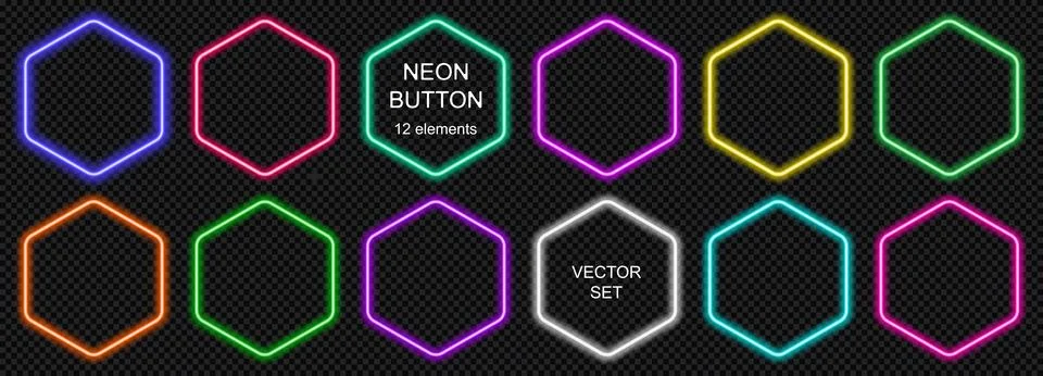 Neon call action button hexagon with light for ui web game . Blue vector frame Illustrazione stock