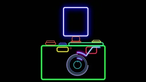 Neon camera on a black and blank background. Stock Footage 150054761