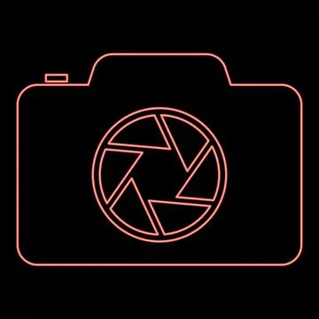 Neon camera with focus of lens concept red color vector illustration image .. Stock Illustration